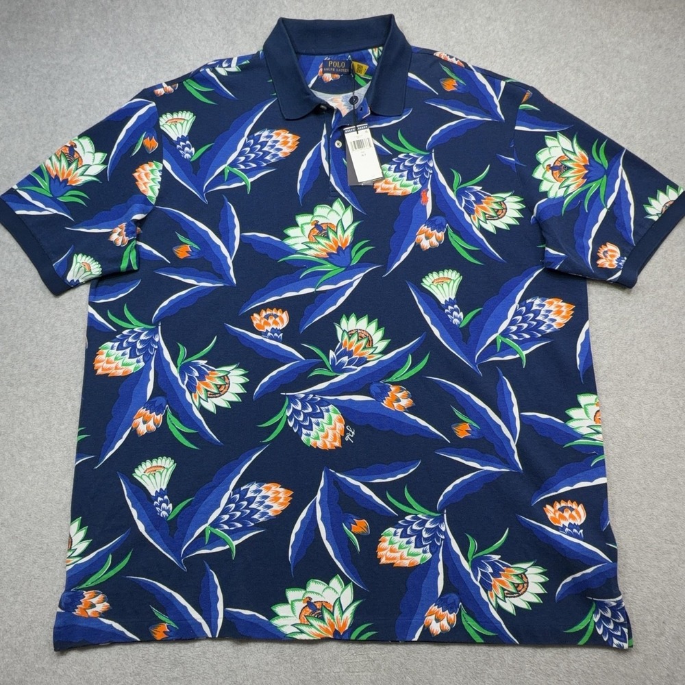 Ralph Lauren Polo Shirt Mens 3XLT Blue Orange Tropical Floral Hawaiian Preppy